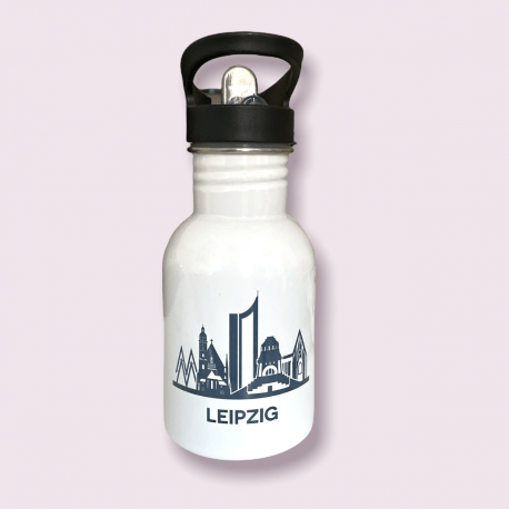 weiße Edelstahl Flasche, Souvenier mit Skyline Leipzig