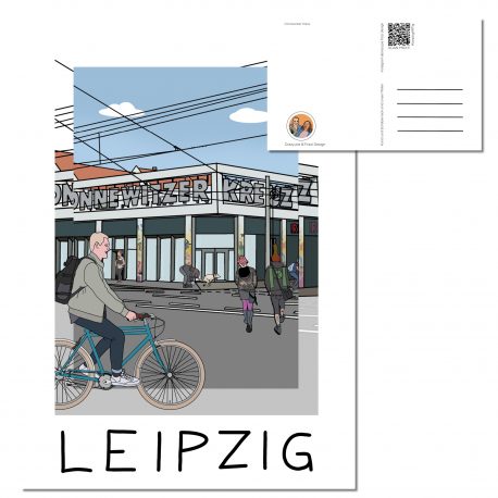 Postkarte Leipzig mit dem Motiv Connewitzer Kreuz und Radfahrer handgezeichnet.