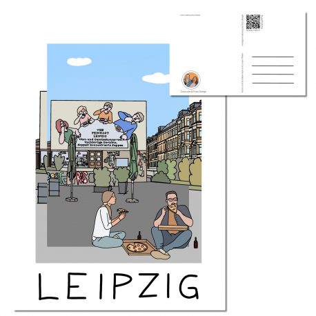 Postkarte Leipzig mit dem Motiv der Karl LIebknecht Straße und der Löffelfamilie.