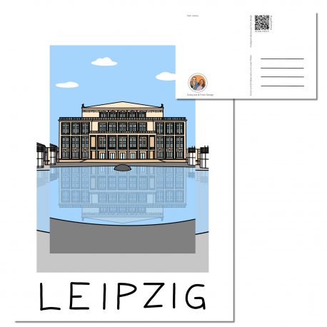 Postkarte mit der Oper Leipzig im Vordergrund der Augustusplatz mit Brunnen.
