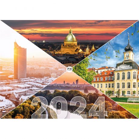 Titel des Leipzig Kalender 2024 von PK Fotografie mit Uniriesen, Bundesverwaltungsgericht, Gohliser Schlösschen und Parkblick.