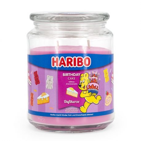 HARIBO Duftkerze Birthday Cake mit pinkem Wachs in großem Glas und HAribobären.